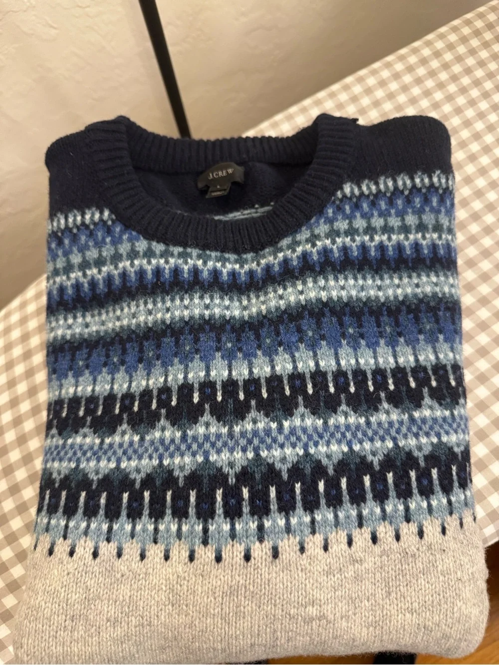 J.Crew Men’s 100% Lambswool Fair Isle Sweater Gray Blue Size L